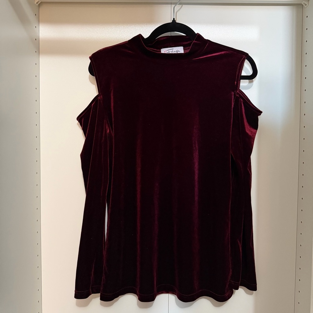 Fringe Studio Velvet Cold Shoulder Top in Rich Burgundy